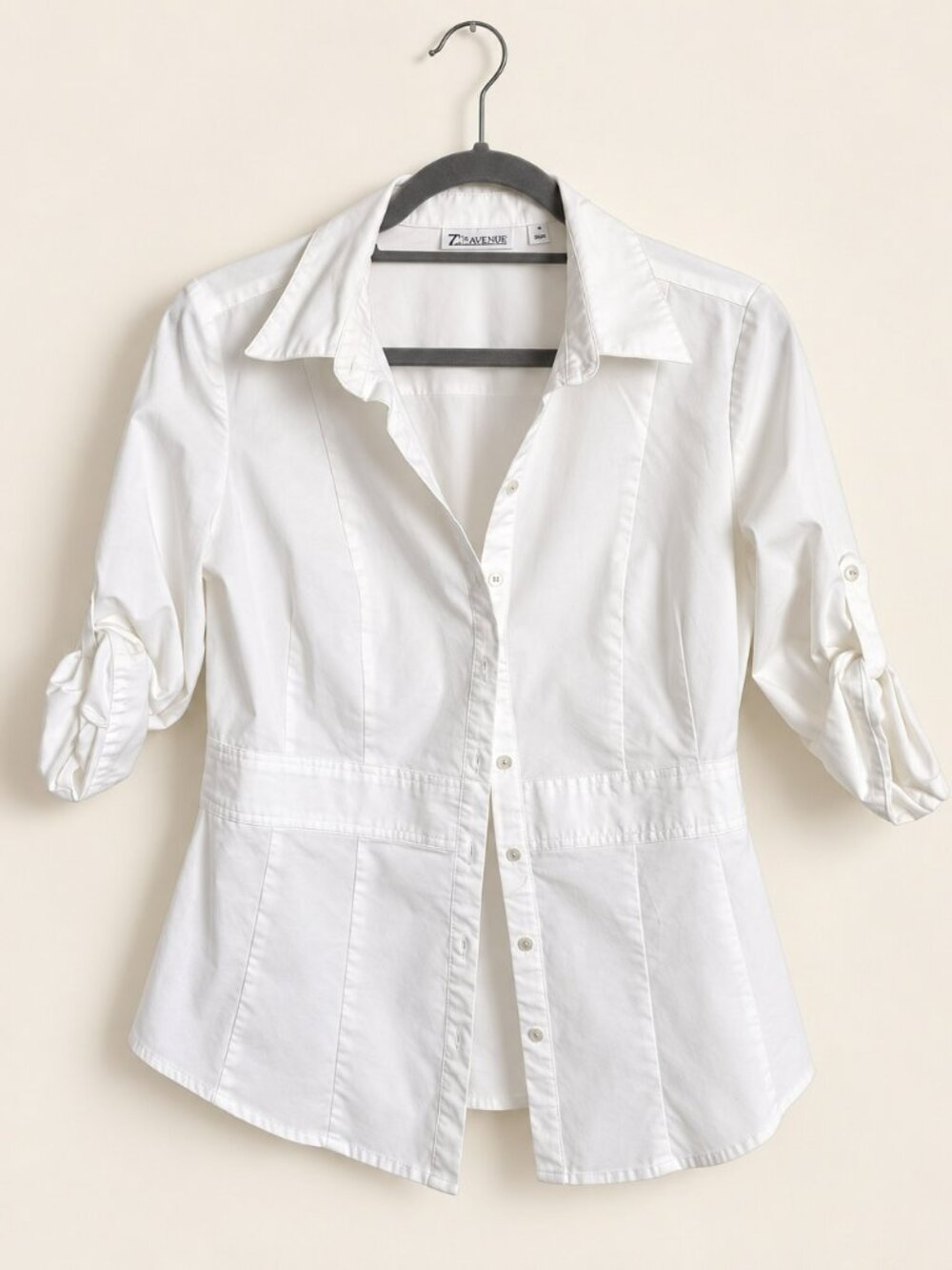 New York & Company 7th Avenue White Fitted Roll-Tab Button-Up Shirt M